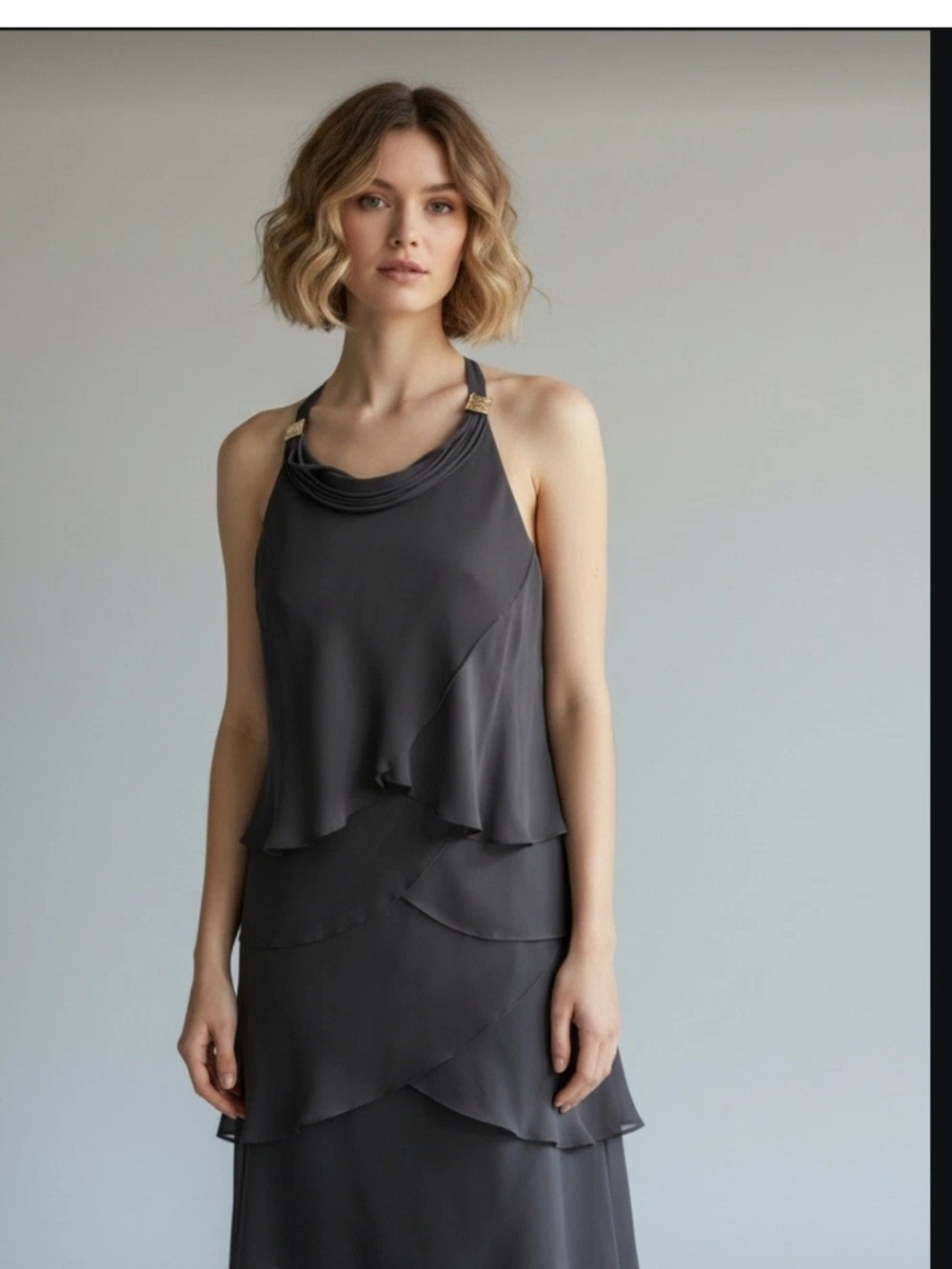 SL Fashions Layered Ruffle Chiffon Dress Rhinstone Accent Strap Size 14